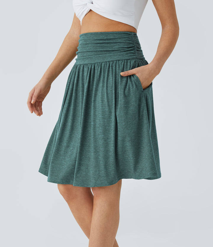 High Waisted Ruched Pocket Flowy Skirt — Jade Green Floral Yarn — view 1