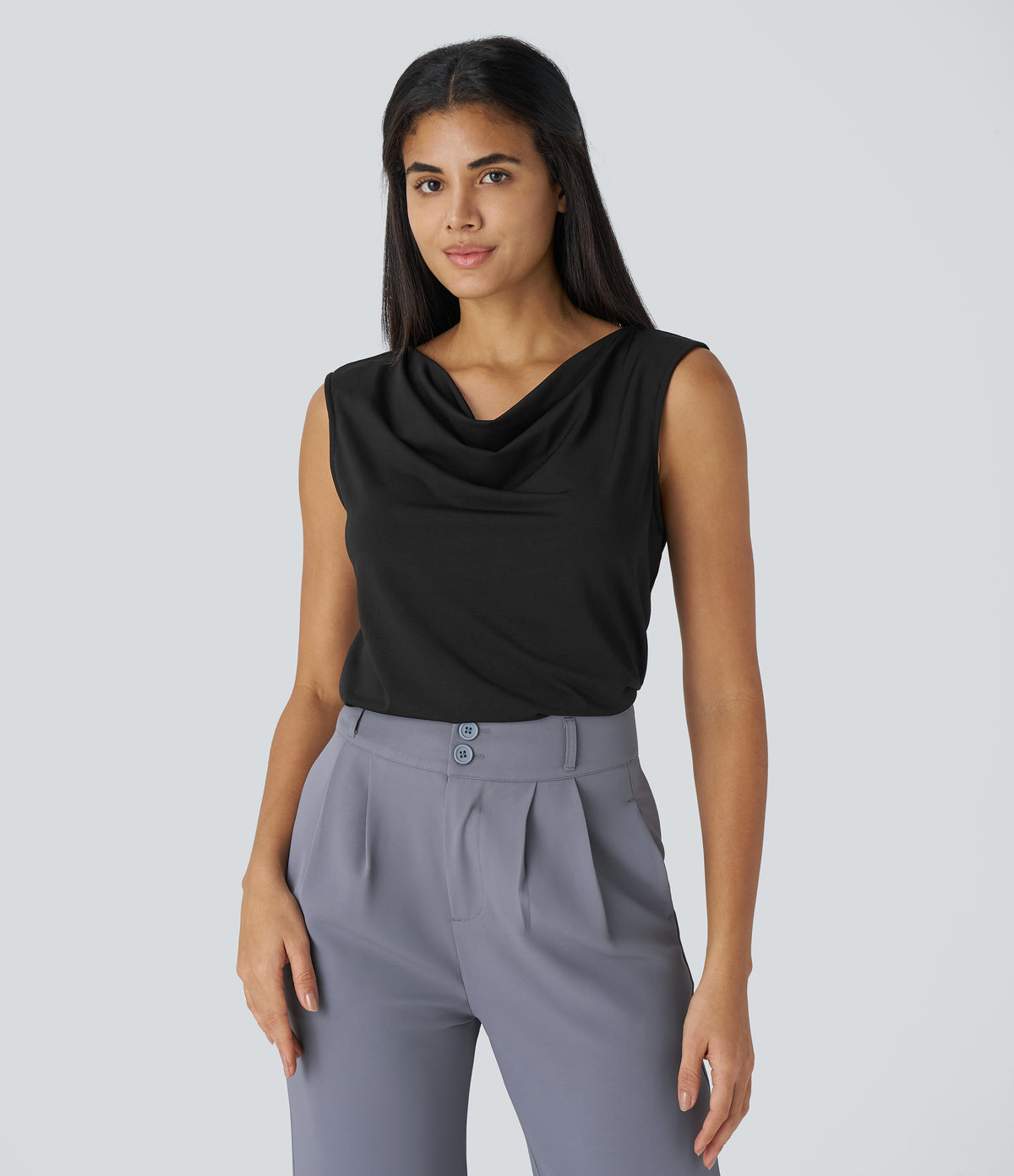 Cowl Neck Sleeveless Work Blouse — Black — view 1