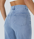 High Waisted Pockets Straight Leg Washed Casual Jeans — Crushed Ice Blue Denim — view 4