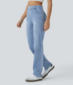 High Waisted Pockets Straight Leg Washed Casual Jeans — Crushed Ice Blue Denim — view 3