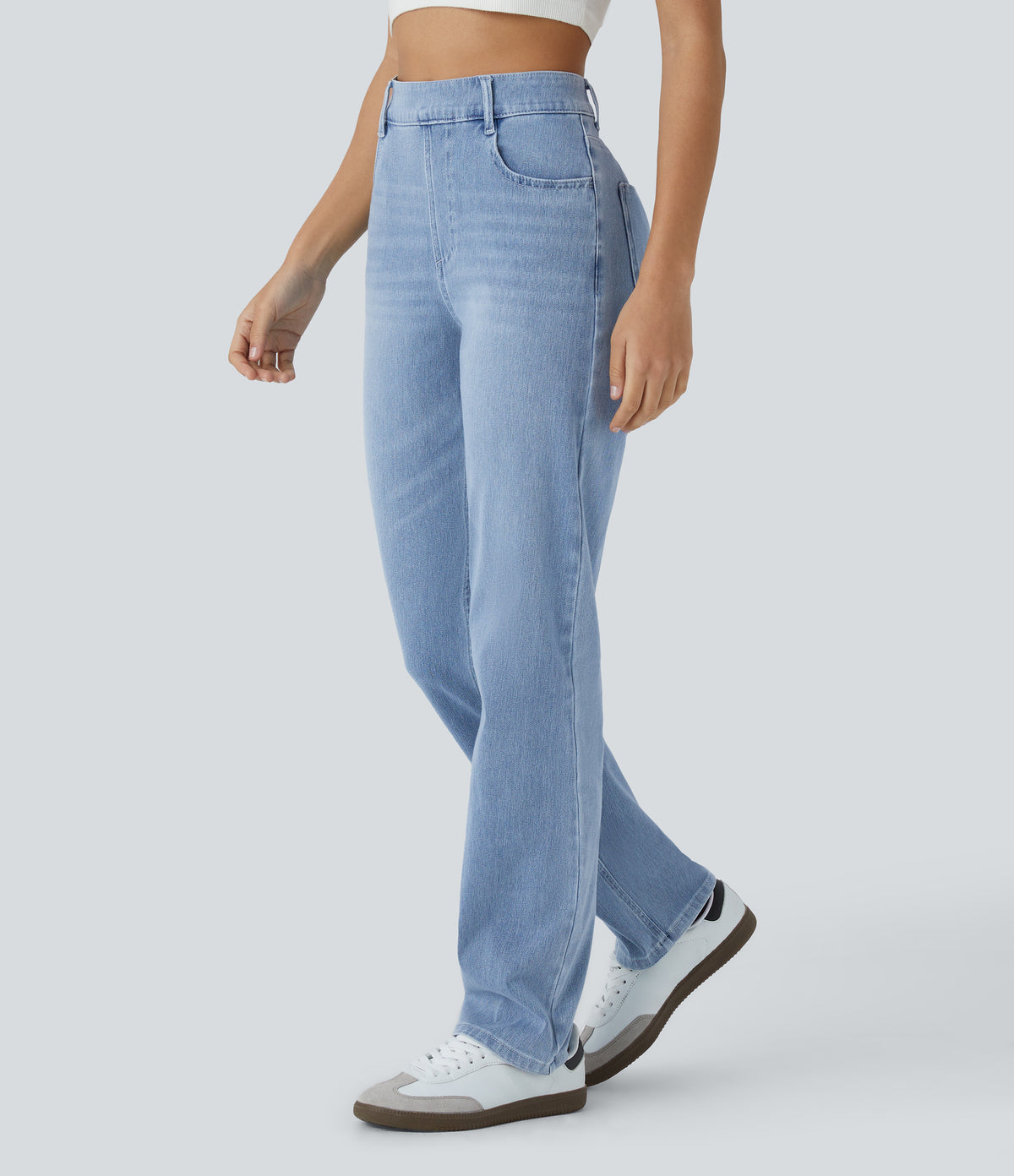 High Waisted Pockets Straight Leg Washed Casual Jeans — Crushed Ice Blue Denim — view 3
