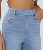High Waisted Pockets Straight Leg Washed Casual Jeans — Crushed Ice Blue Denim — view 5