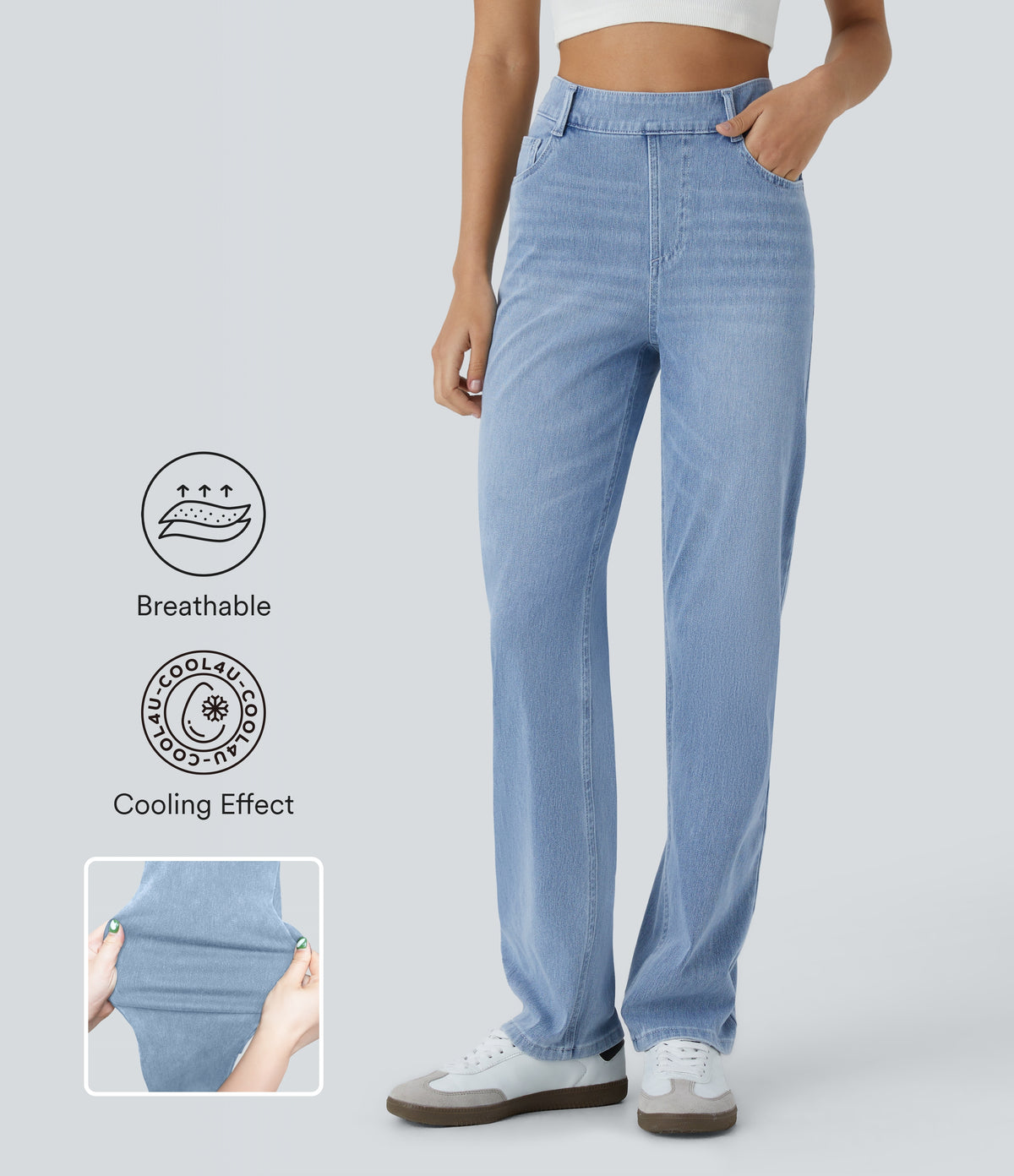 High Waisted Pockets Straight Leg Washed Casual Jeans — Crushed Ice Blue Denim — view 1