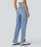High Waisted Pockets Straight Leg Washed Casual Jeans — Crushed Ice Blue Denim — view 2