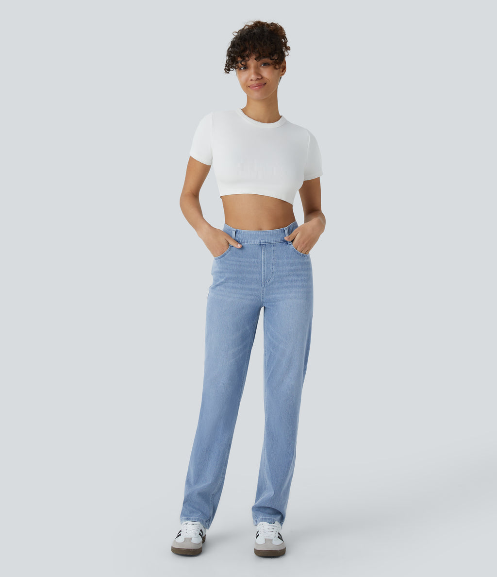 High Waisted Pockets Straight Leg Washed Casual Jeans — Crushed Ice Blue Denim — view 6