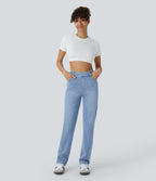 High Waisted Pockets Straight Leg Washed Casual Jeans — Crushed Ice Blue Denim — view 6