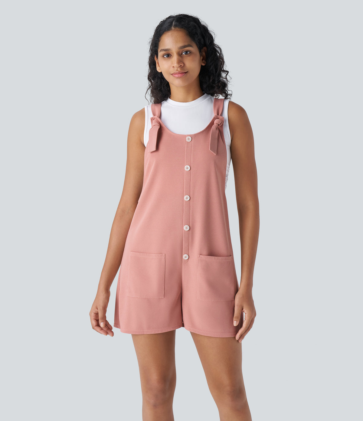 Knot Strap Decorative Button Front Pockets Waffle Resort Dungarees — Rose Tan — view 6