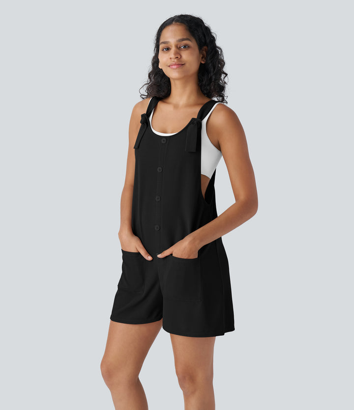 Knot Strap Decorative Button Front Pockets Waffle Resort Dungarees — Black — view 1