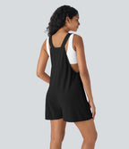 Knot Strap Decorative Button Front Pockets Waffle Resort Dungarees — Black — view 2