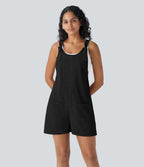 Knot Strap Decorative Button Front Pockets Waffle Resort Dungarees — Black — view 3