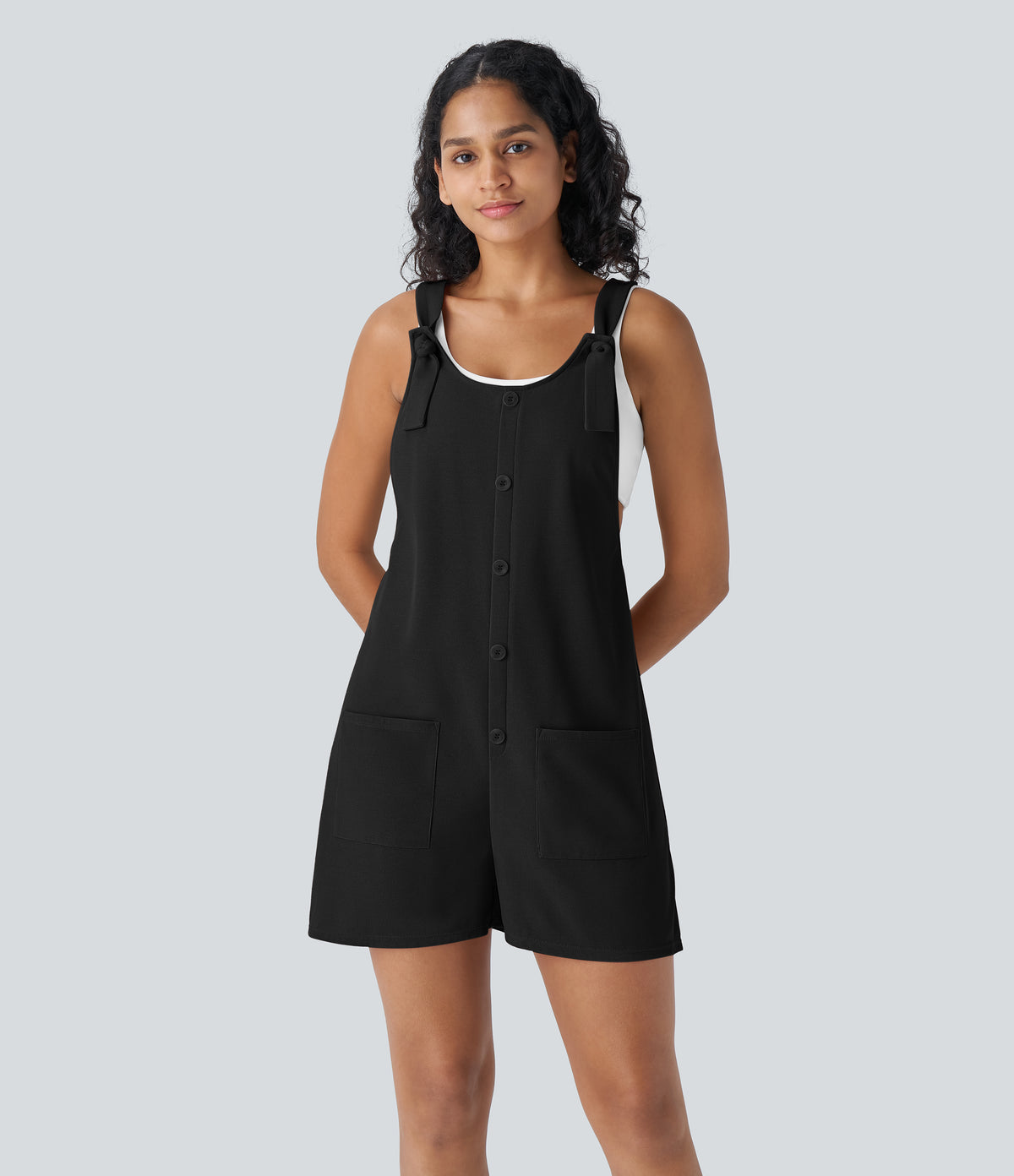 Knot Strap Decorative Button Front Pockets Waffle Resort Dungarees — Black — view 3