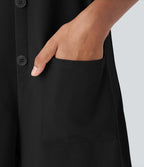 Knot Strap Decorative Button Front Pockets Waffle Resort Dungarees — Black — view 4