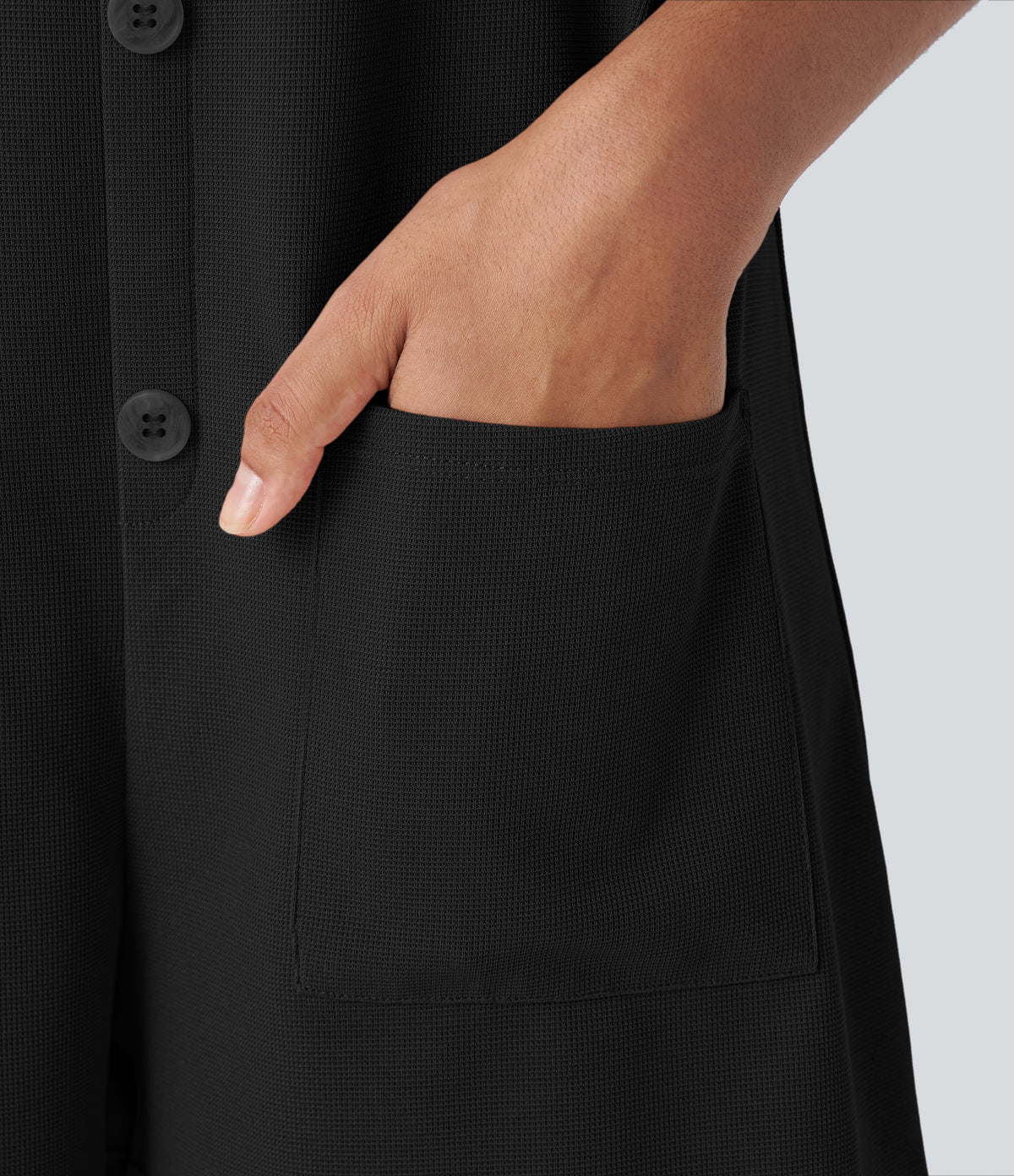 Knot Strap Decorative Button Front Pockets Waffle Resort Dungarees — Black — view 4