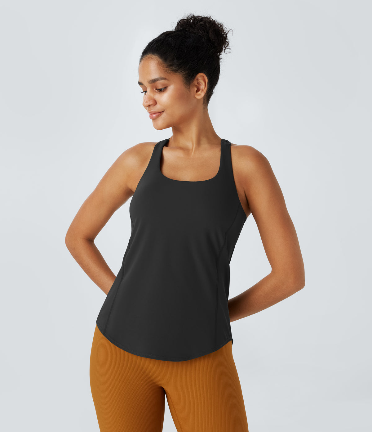 Round Neck Curved Hem Workout Tank Top — Black — view 2