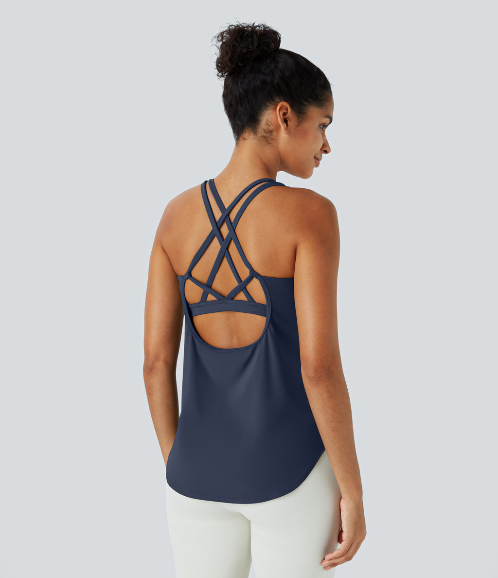 Round Neck Curved Hem Workout Tank Top — Mood Indigo — view 6