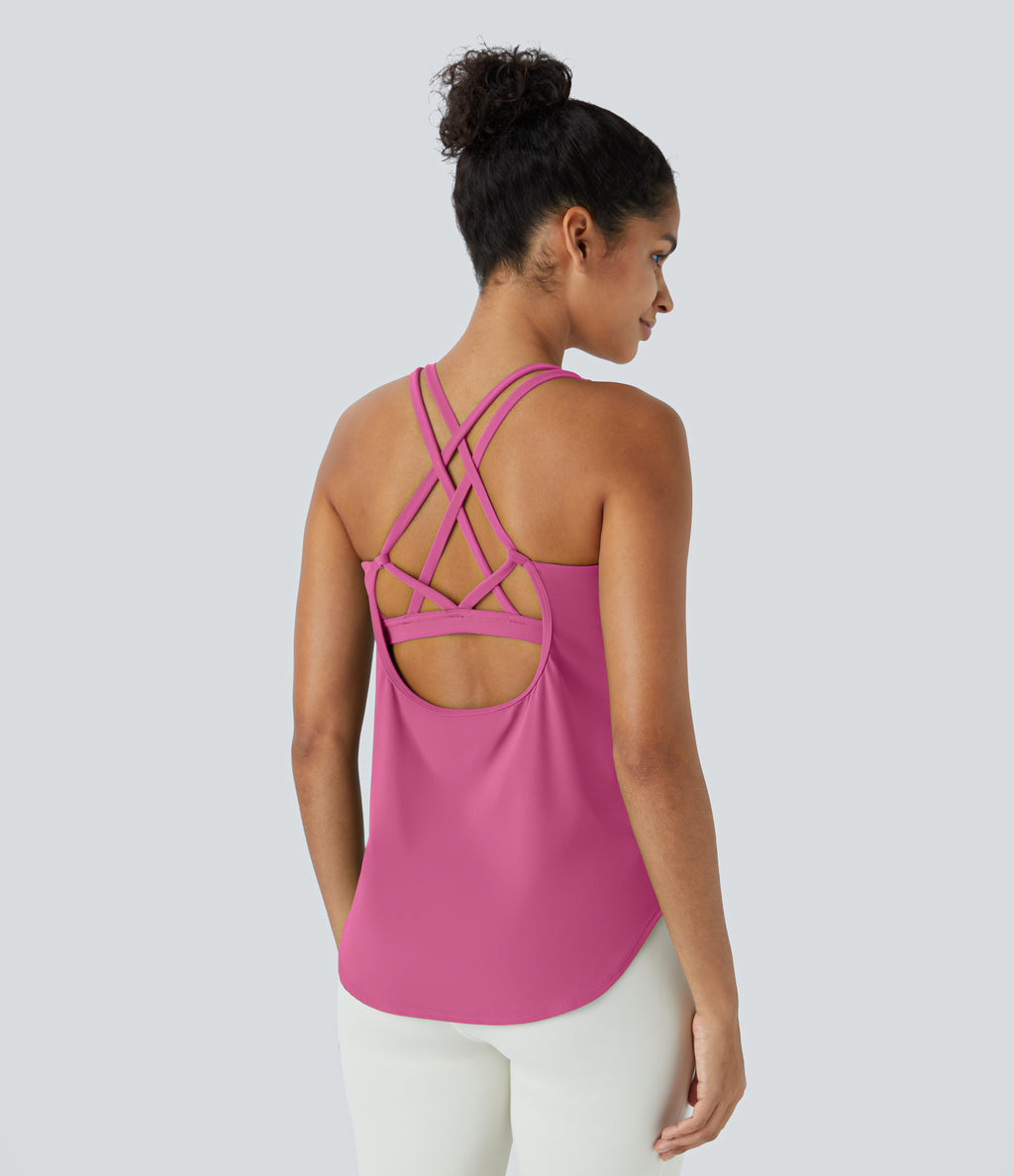Round Neck Curved Hem Workout Tank Top — Pink Power — view 5