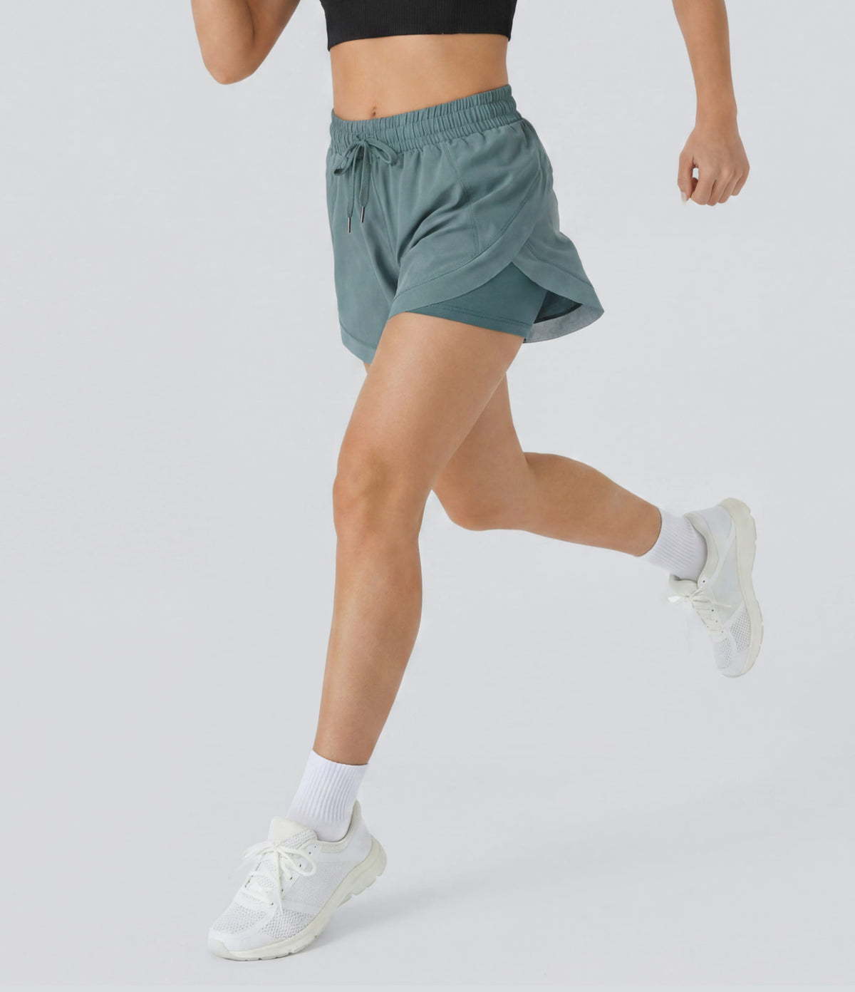 Mid Rise Drawstring Contrast Mesh 2-in-1 Flowy Running Shorts 5'' — Stone Blue — view 5