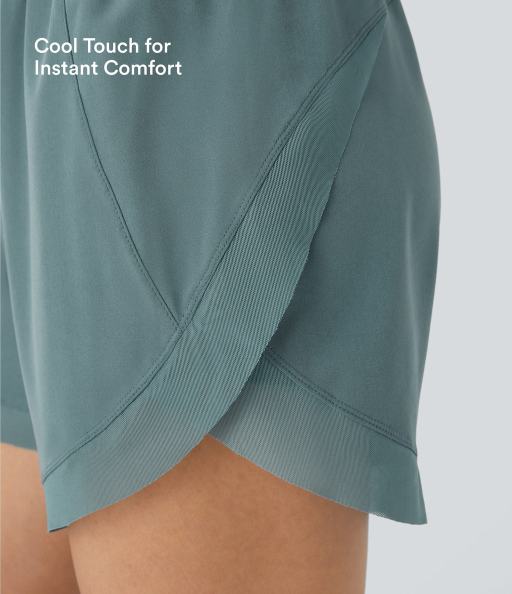 Mid Rise Drawstring Contrast Mesh 2-in-1 Flowy Running Shorts 5'' — Stone Blue — view 3