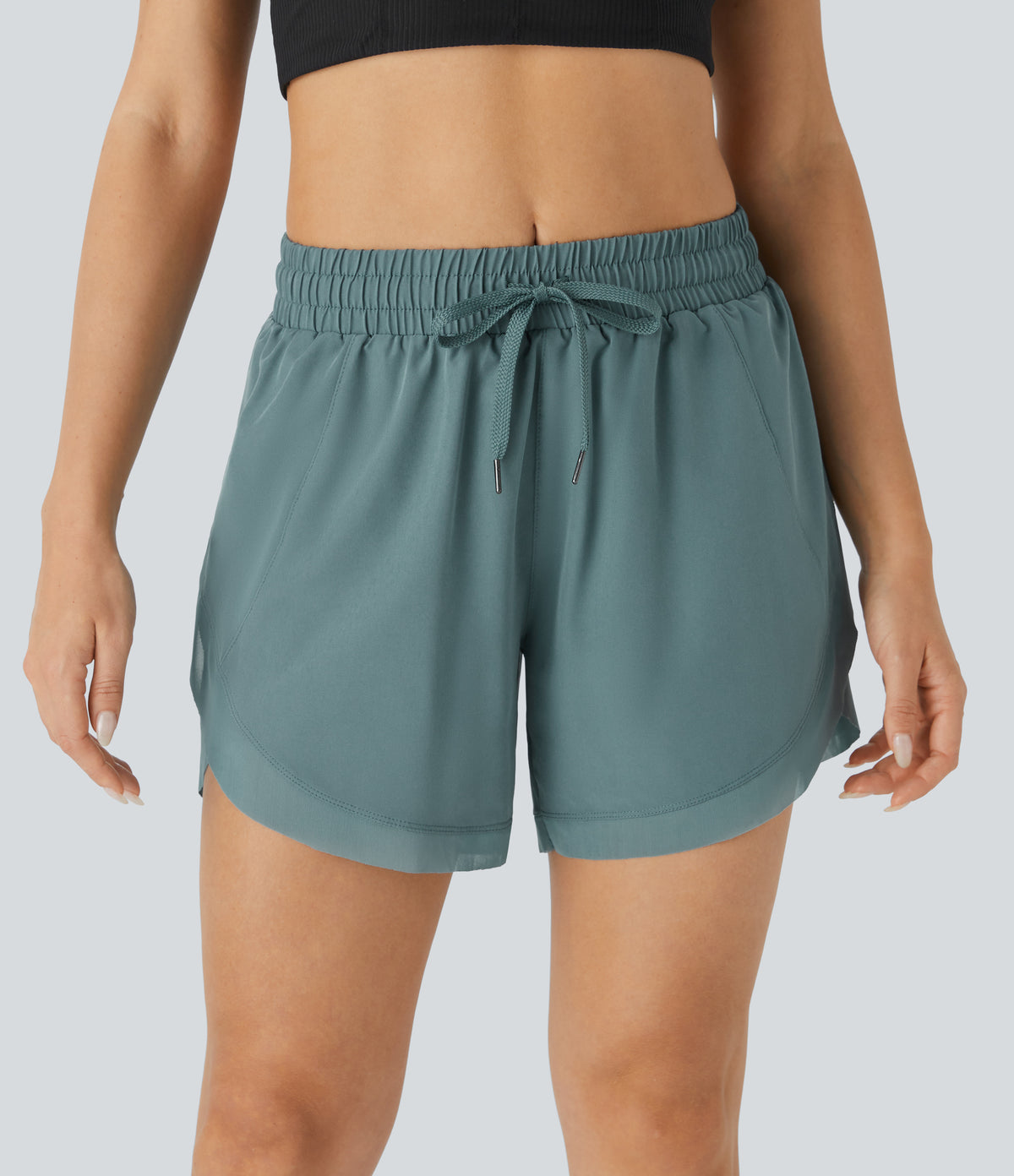 Mid Rise Drawstring Contrast Mesh 2-in-1 Flowy Running Shorts 5'' — Stone Blue — view 6