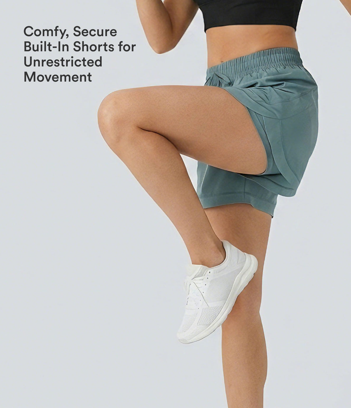 Mid Rise Drawstring Contrast Mesh 2-in-1 Flowy Running Shorts 5'' — Stone Blue — view 4