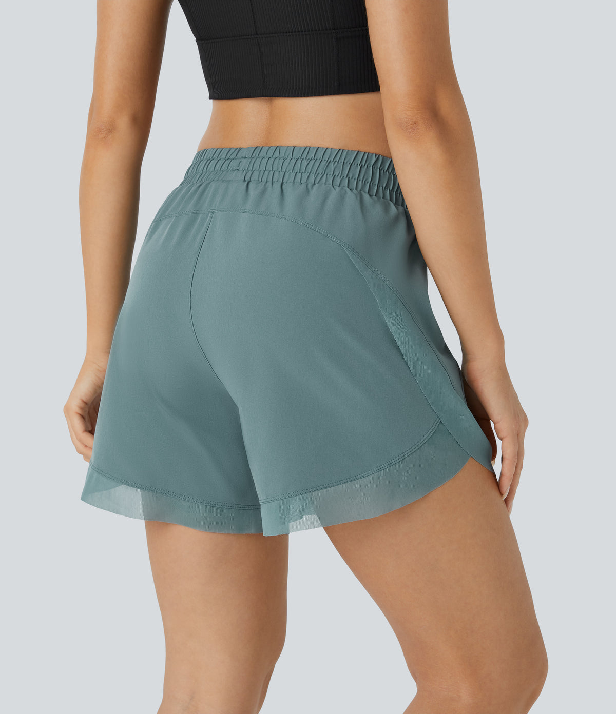 Mid Rise Drawstring Contrast Mesh 2-in-1 Flowy Running Shorts 5'' — Stone Blue — view 1