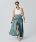 High Waisted Split 2-in-1 Flowy Quick Dry Maxi Casual Plus Size Skirt — Stone Blue — view 6
