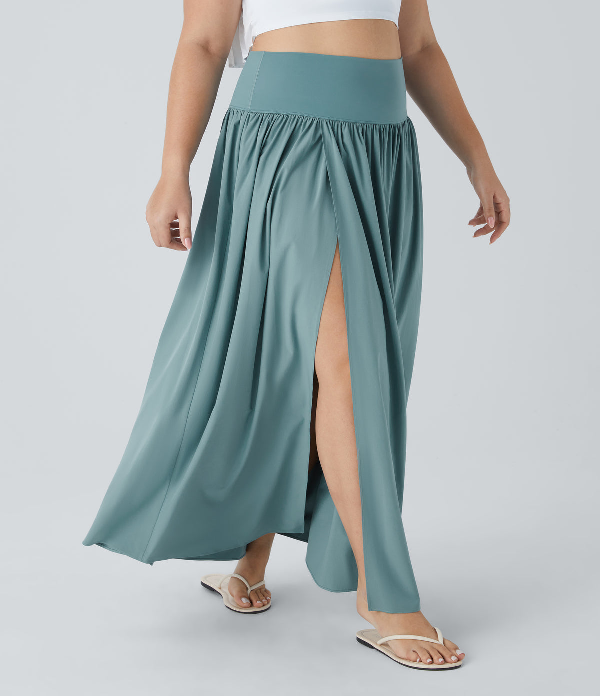 High Waisted Split 2-in-1 Flowy Quick Dry Maxi Casual Plus Size Skirt — Stone Blue — view 3
