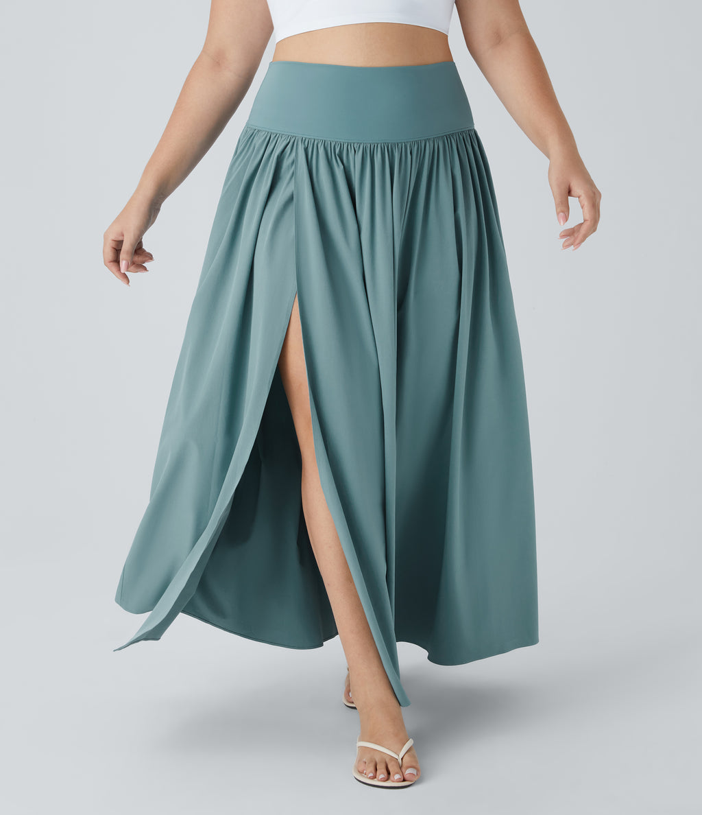 High Waisted Split 2-in-1 Flowy Quick Dry Maxi Casual Plus Size Skirt — Stone Blue — view 1