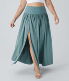 High Waisted Split 2-in-1 Flowy Quick Dry Maxi Casual Plus Size Skirt — Stone Blue — view 1