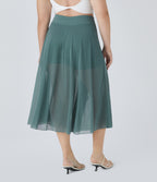 High Waisted Drawstring Contrast Mesh 2-in-1 Side Pocket Flowy Midi Flare Casual Plus Size Skirt — Mineral Blue — view 2