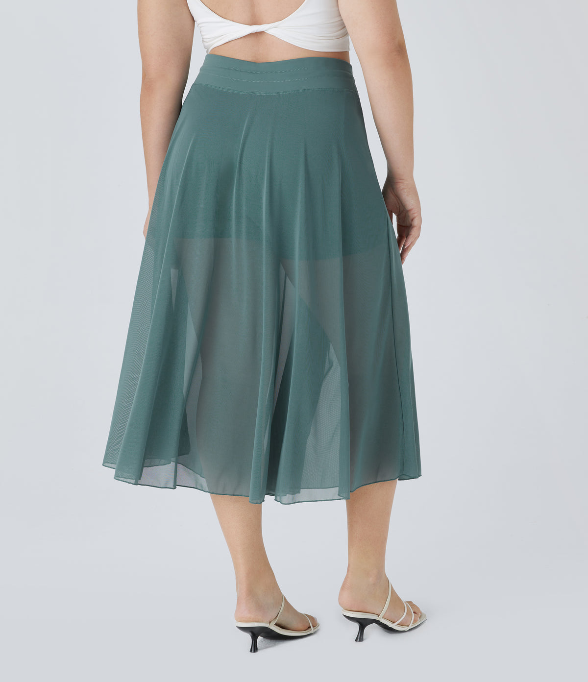 High Waisted Drawstring Contrast Mesh 2-in-1 Side Pocket Flowy Midi Flare Casual Plus Size Skirt — Mineral Blue — view 2