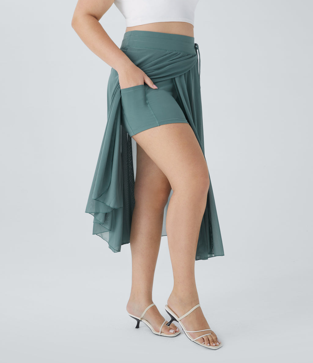 High Waisted Drawstring Contrast Mesh 2-in-1 Side Pocket Flowy Midi Flare Casual Plus Size Skirt — Mineral Blue — view 4