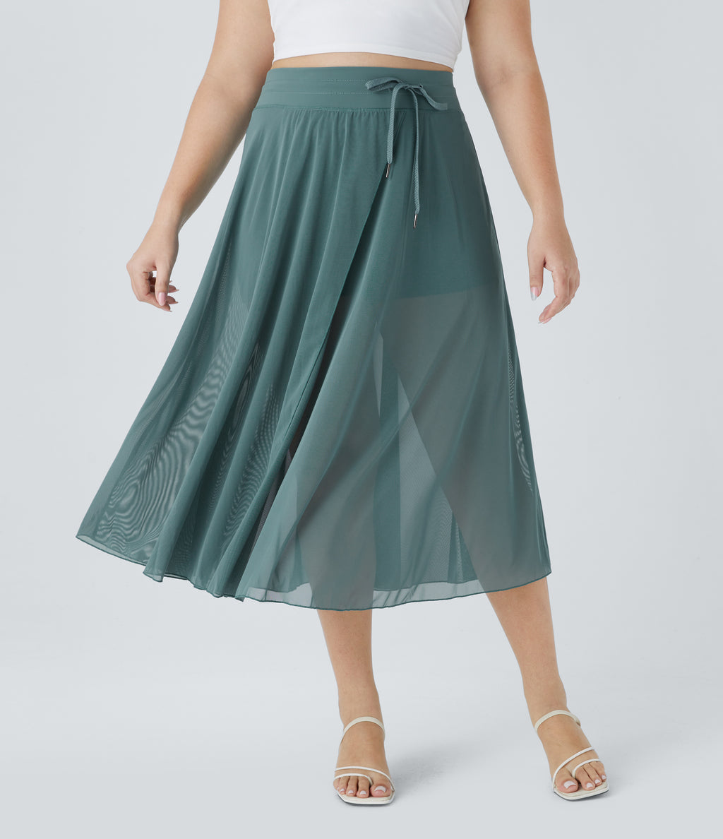 High Waisted Drawstring Contrast Mesh 2-in-1 Side Pocket Flowy Midi Flare Casual Plus Size Skirt — Mineral Blue — view 3
