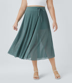 High Waisted Drawstring Contrast Mesh 2-in-1 Side Pocket Flowy Midi Flare Casual Plus Size Skirt — Mineral Blue — view 3