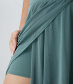 High Waisted Drawstring Contrast Mesh 2-in-1 Side Pocket Flowy Midi Flare Casual Plus Size Skirt — Mineral Blue — view 7