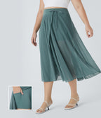 High Waisted Drawstring Contrast Mesh 2-in-1 Side Pocket Flowy Midi Flare Casual Plus Size Skirt — Mineral Blue — view 1