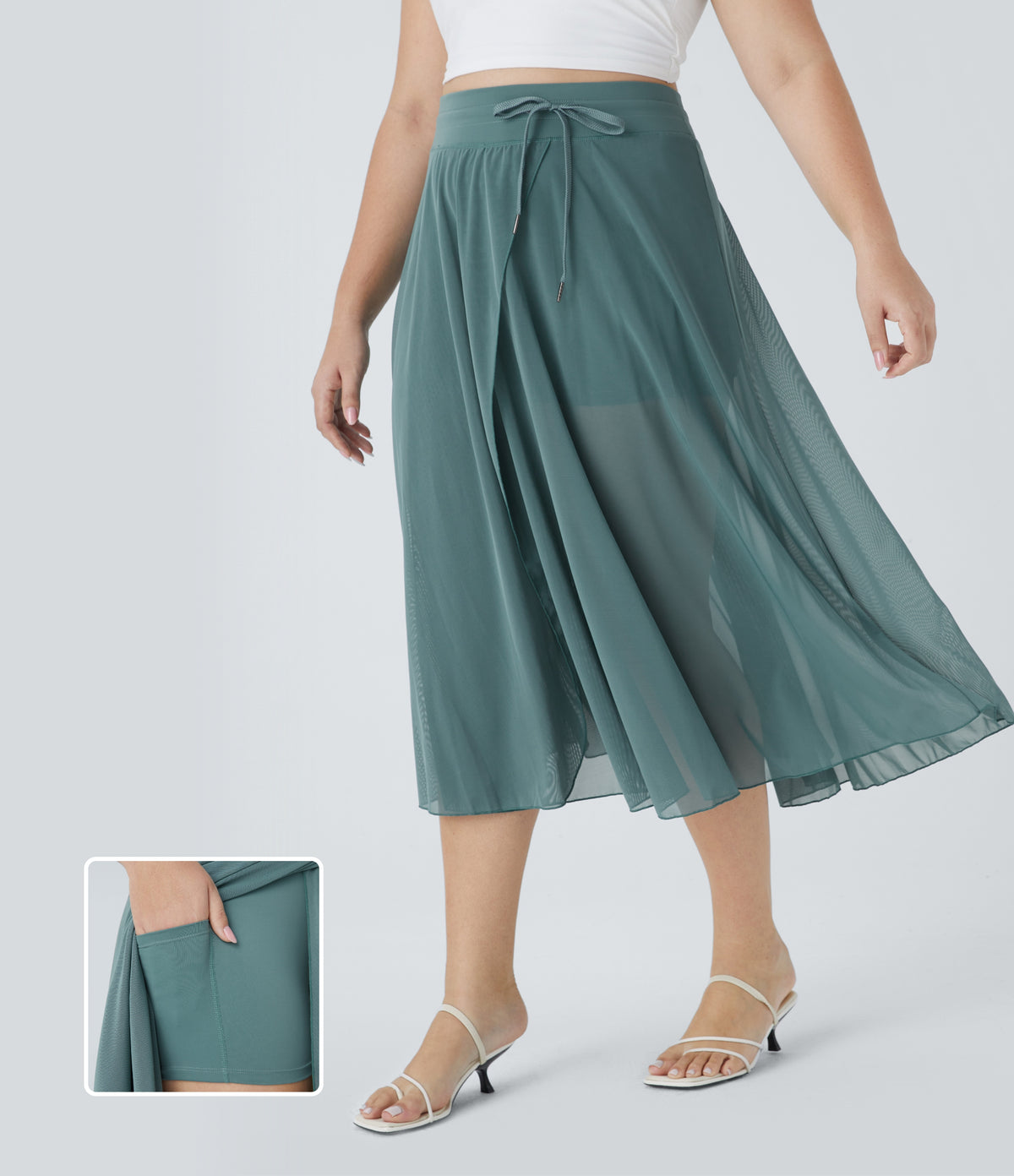 High Waisted Drawstring Contrast Mesh 2-in-1 Side Pocket Flowy Midi Flare Casual Plus Size Skirt — Mineral Blue — view 1