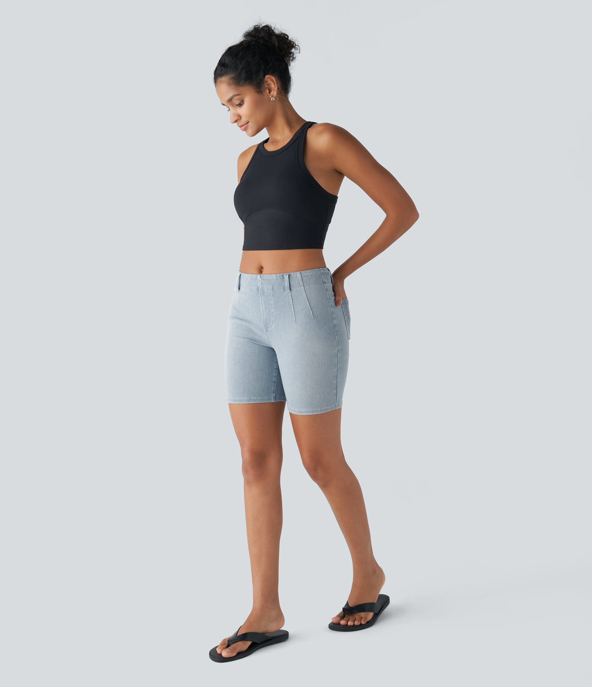 Mid Rise Pockets Skinny Washed Denim Casual Shorts — Pale Blue Denim — view 6