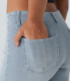 Mid Rise Pockets Skinny Washed Denim Casual Shorts — Pale Blue Denim — view 5