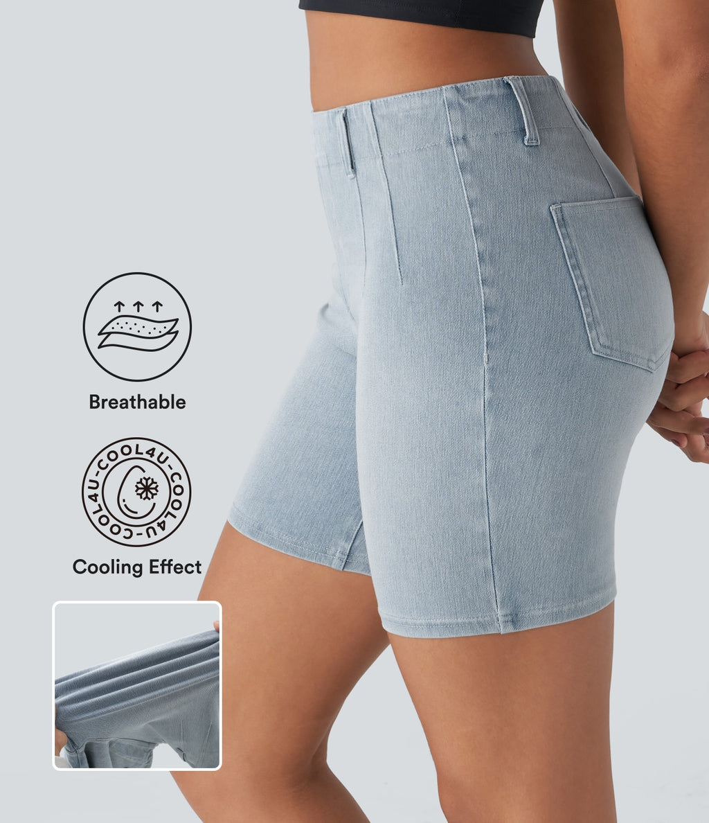 Mid Rise Pockets Skinny Washed Denim Casual Shorts — Pale Blue Denim — view 1