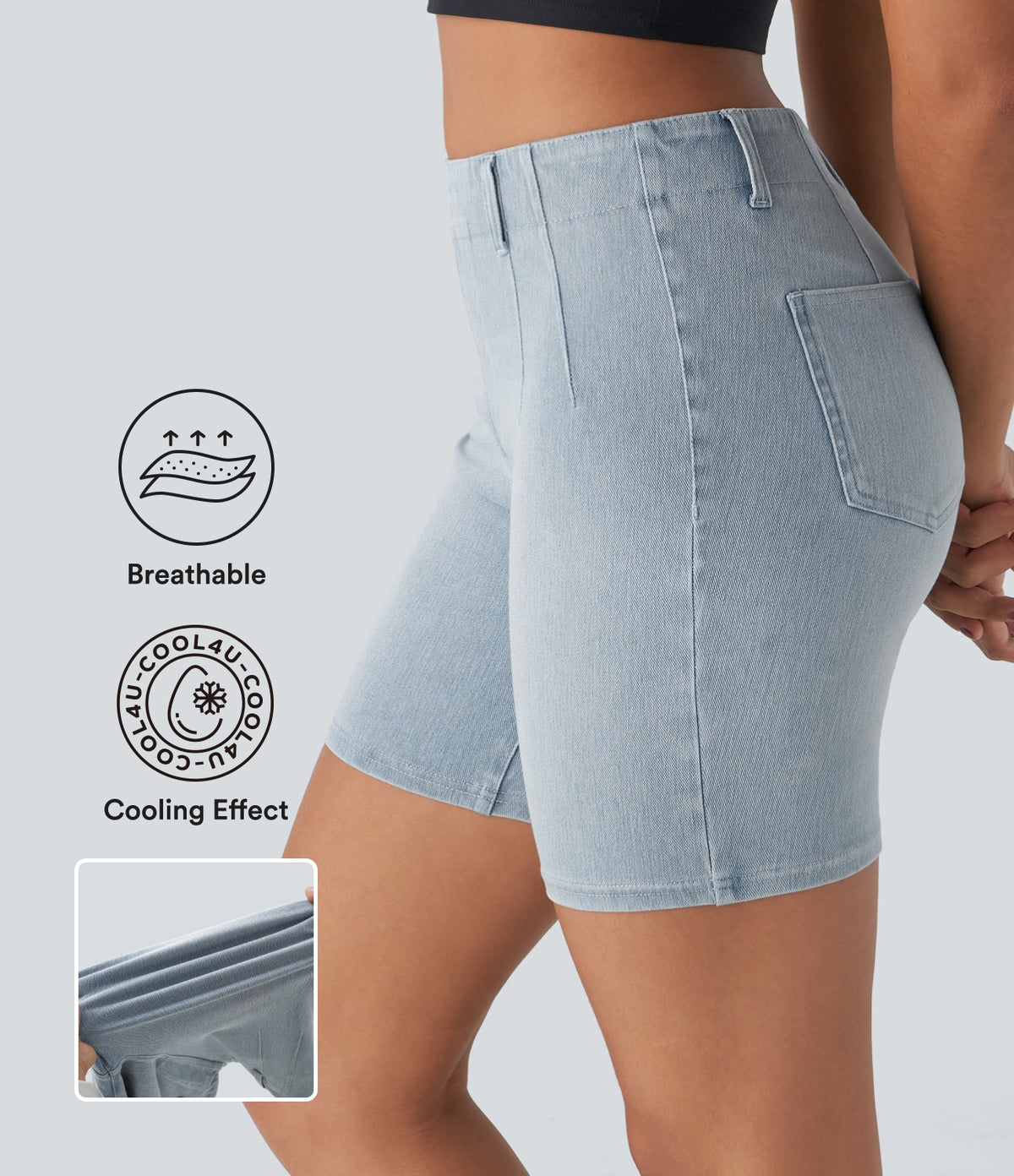 Mid Rise Pockets Skinny Washed Denim Casual Shorts — Pale Blue Denim — view 1