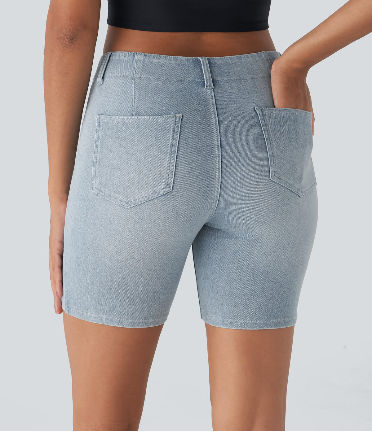 Mid Rise Pockets Skinny Washed Denim Casual Shorts — Pale Blue Denim — view 3