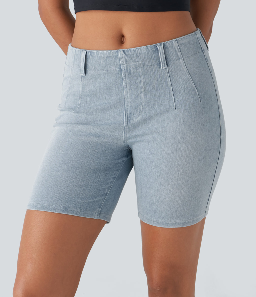 Mid Rise Pockets Skinny Washed Denim Casual Shorts — Pale Blue Denim — view 2