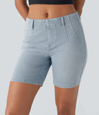 Mid Rise Pockets Skinny Washed Denim Casual Shorts — Pale Blue Denim — view 2