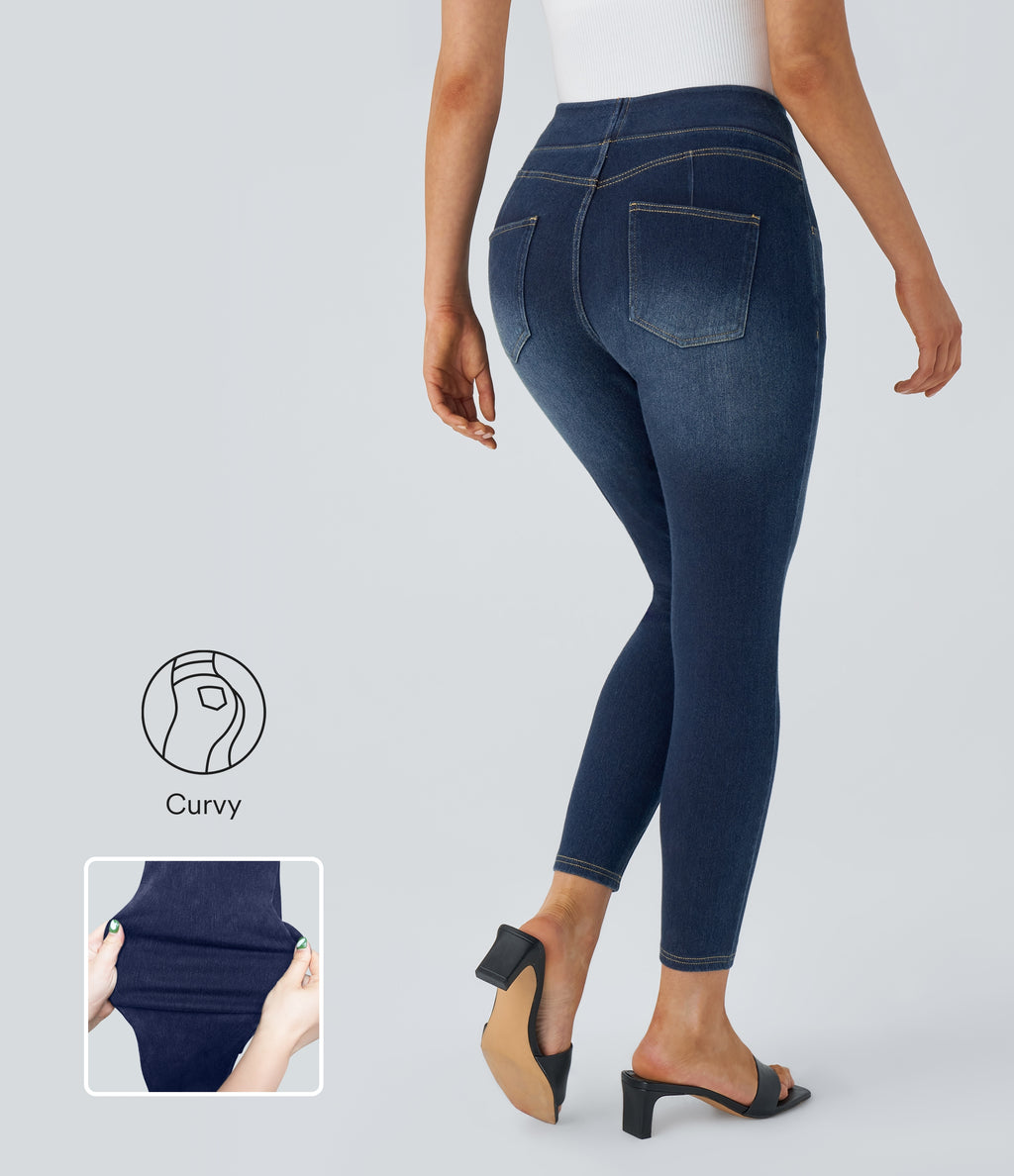Curvy High Waisted Decorative Pockets Washed Casual 7/8 Jeans — Bright Blue Denim — view 1