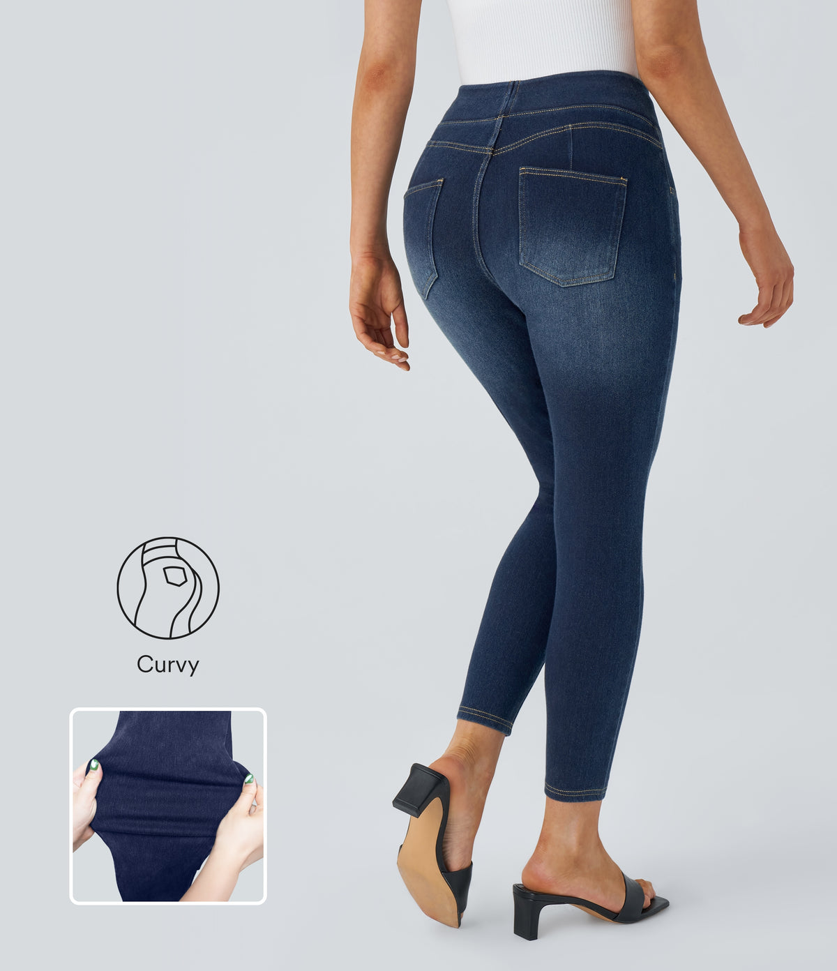 Curvy High Waisted Decorative Pockets Washed Casual 7/8 Jeans — Bright Blue Denim — view 1