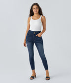 Curvy High Waisted Decorative Pockets Washed Casual 7/8 Jeans — Bright Blue Denim — view 6