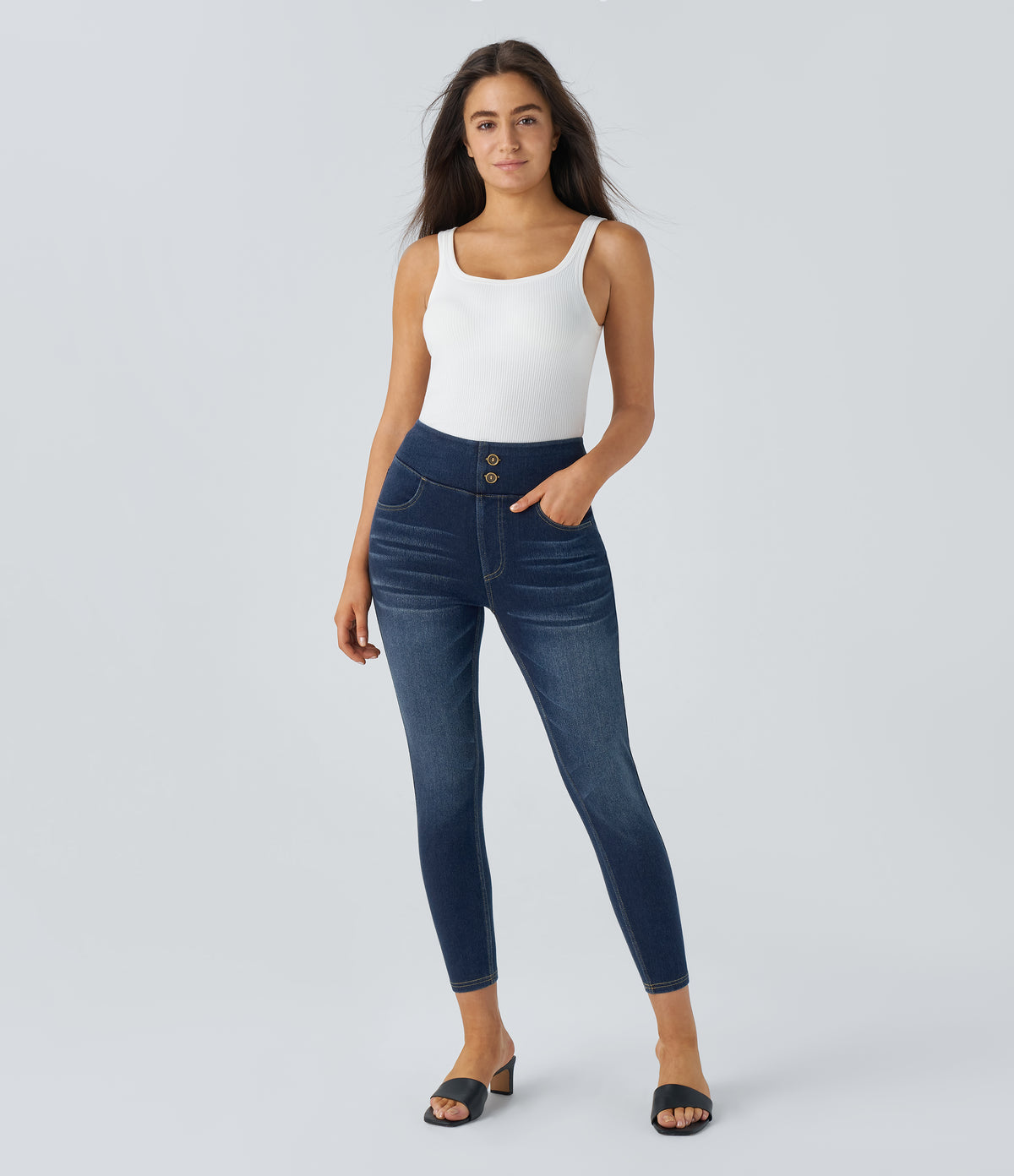 Curvy High Waisted Decorative Pockets Washed Casual 7/8 Jeans — Bright Blue Denim — view 6