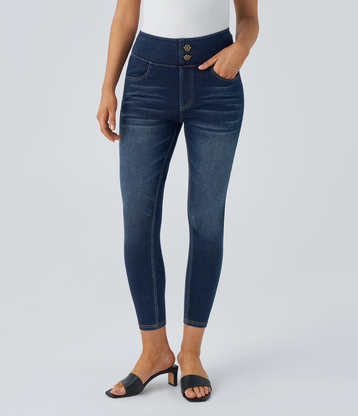 Curvy High Waisted Decorative Pockets Washed Casual 7/8 Jeans — Bright Blue Denim — view 3