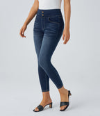 Curvy High Waisted Decorative Pockets Washed Casual 7/8 Jeans — Bright Blue Denim — view 2